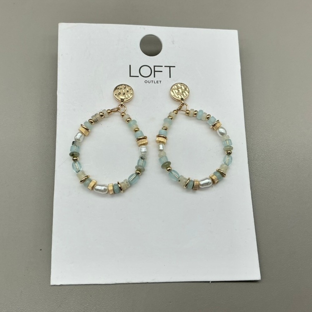 LOFT Outlet Earrings Women Blue Gold Beaded Teardrop Hoop Hammered Post Jewelry